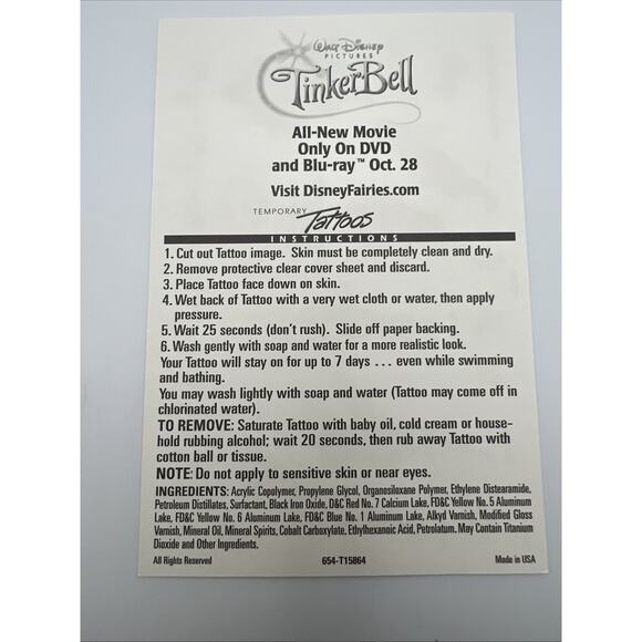 Walt Disney Pictures Peter Pan Tinkerbell Tattoo Temporary Tattoos Fairies Fairy - Picture 8 of 9